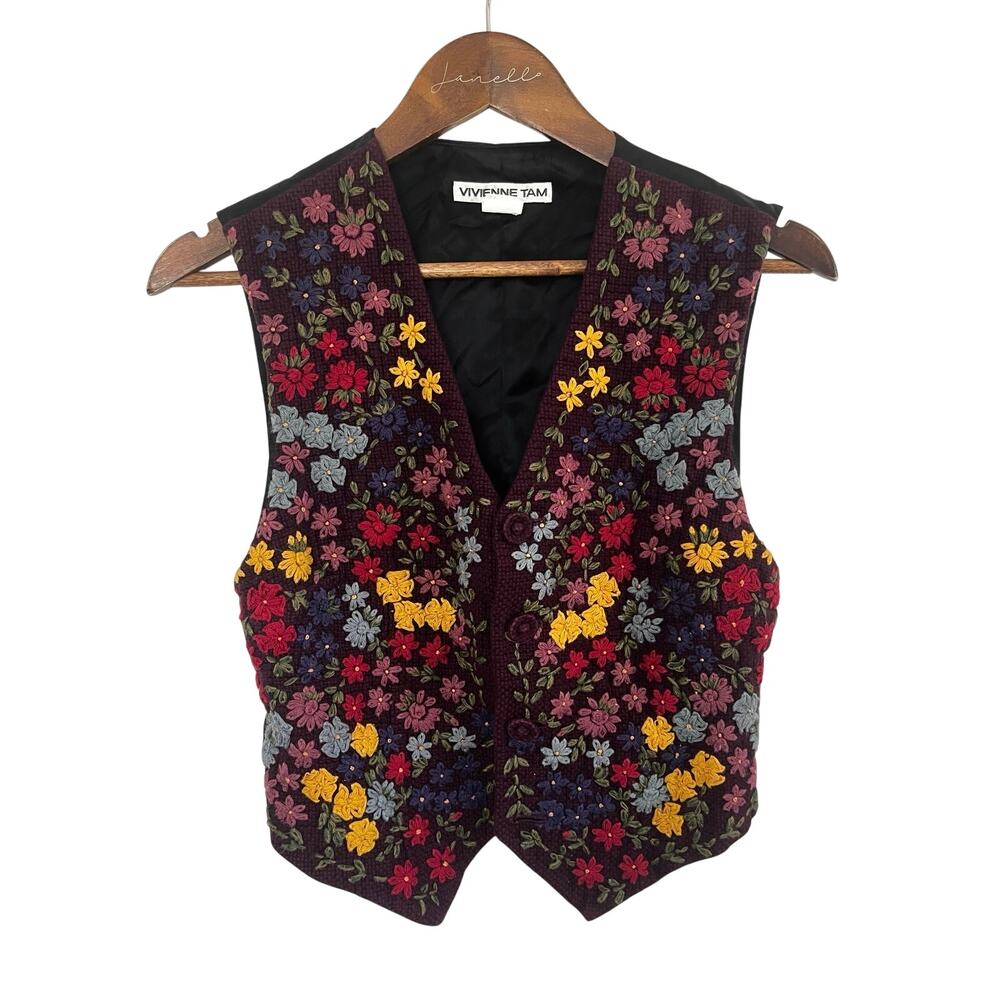 Vintage Designer Vivienne Tam Embroidered Floral Vest Art Cottage Festival Boho